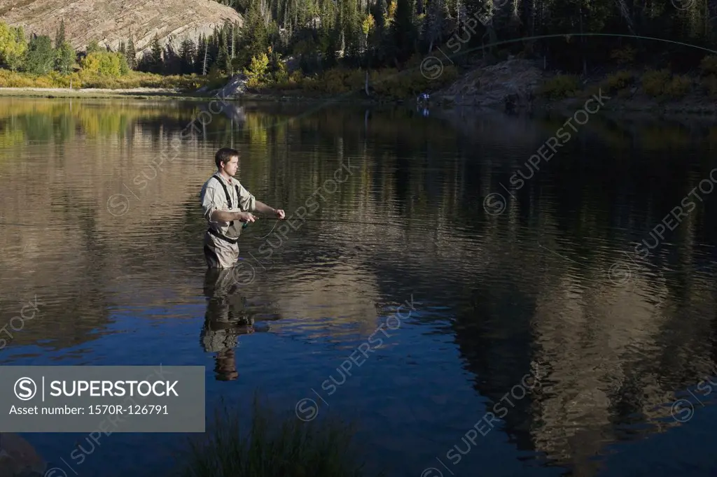 A man fly fishing in a lake