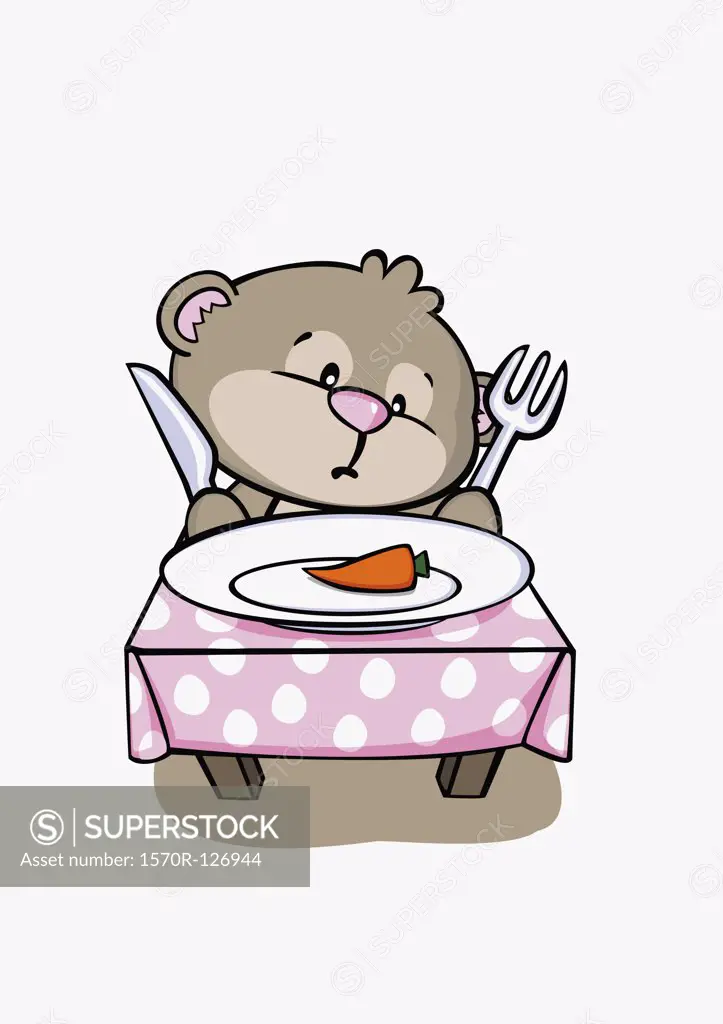 A cartoon bear sitting at a table and eating dinner