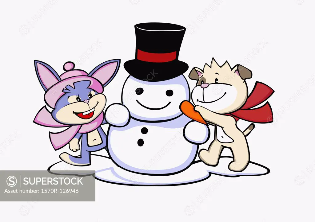 A cartoon rabbit and dog building a snowman