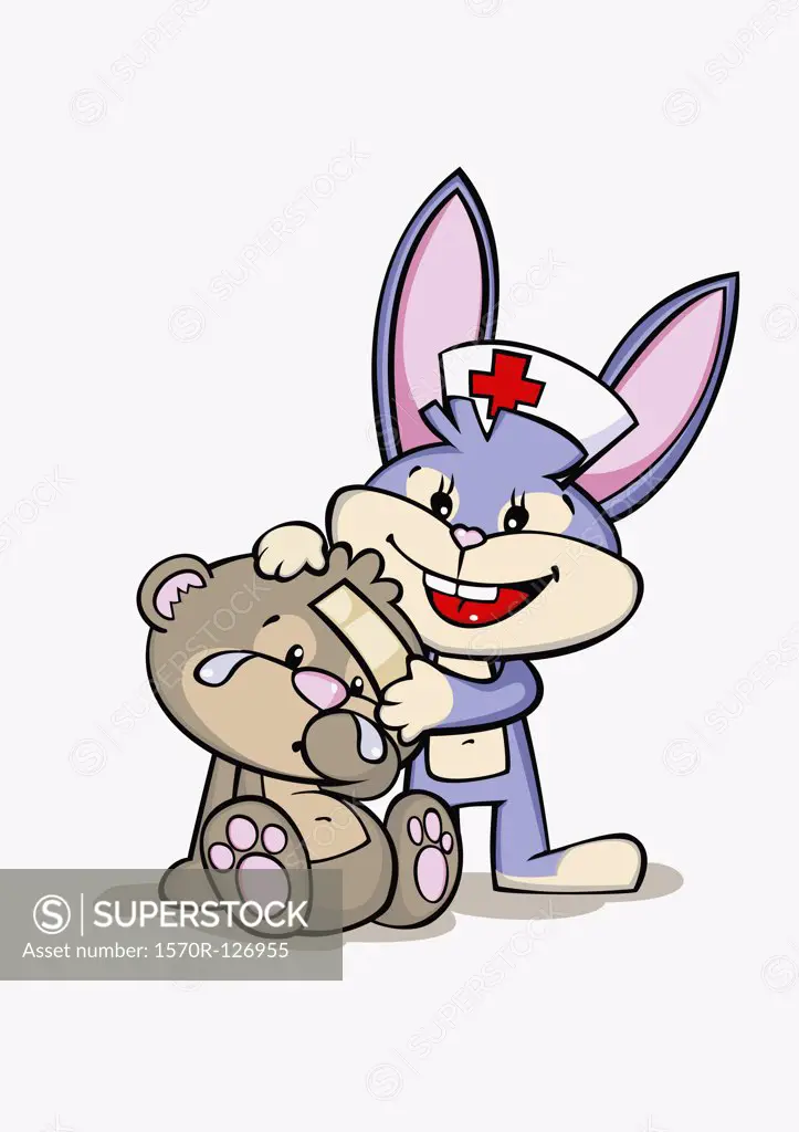 A cartoon rabbit nurse assisting an injured bear