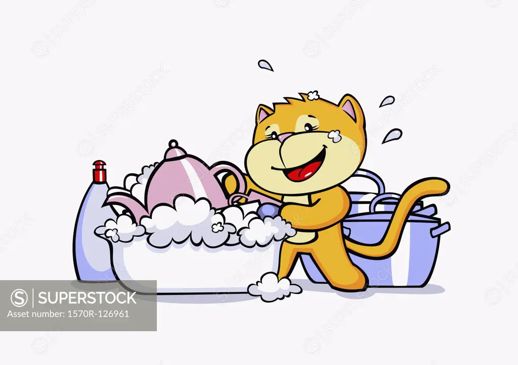 A cartoon cat doing the washing up