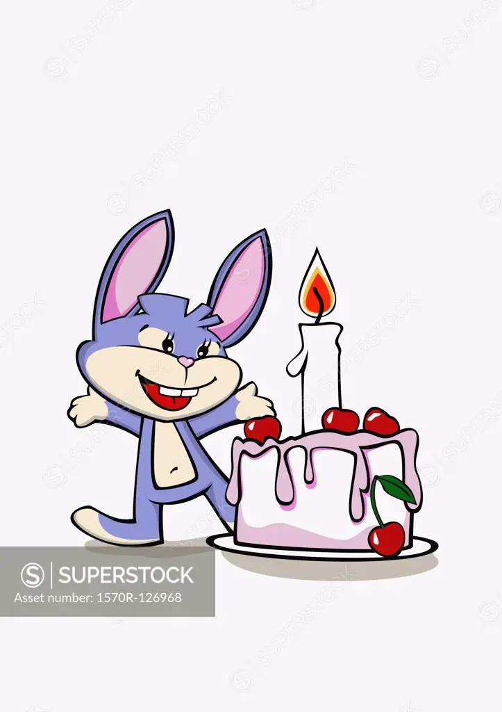A cartoon rabbit next to a birthday cake