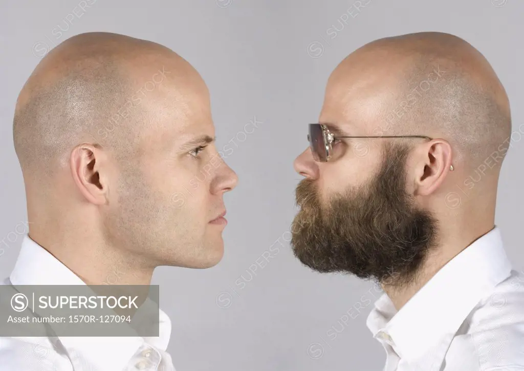 A digital composite of a man looking at himself
