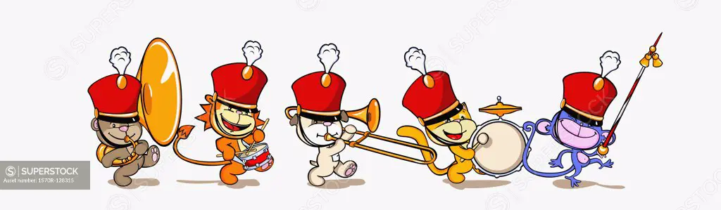 Five animals in a marching band