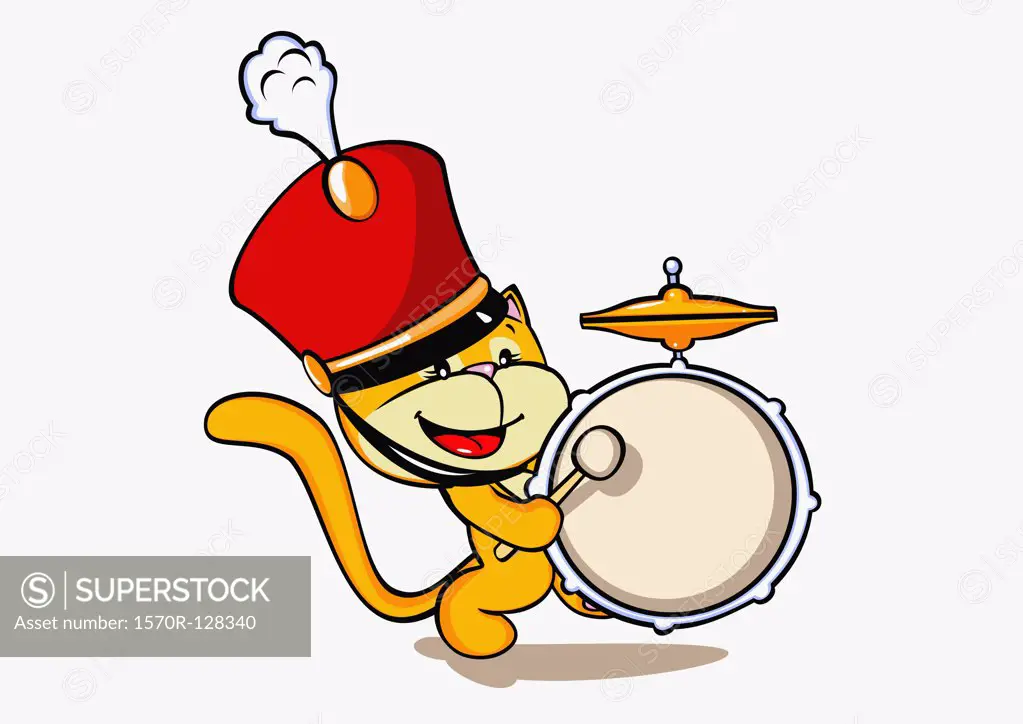 A cat wearing a marching band hat and playing a drum