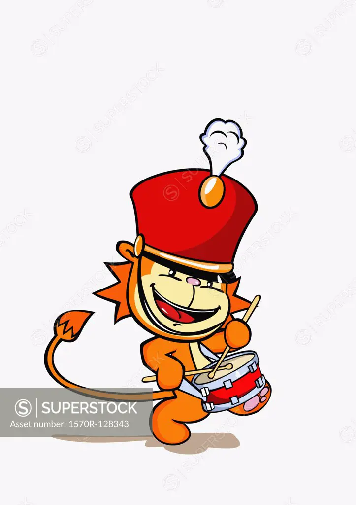 A lion wearing a marching band hat and playing a snare drum