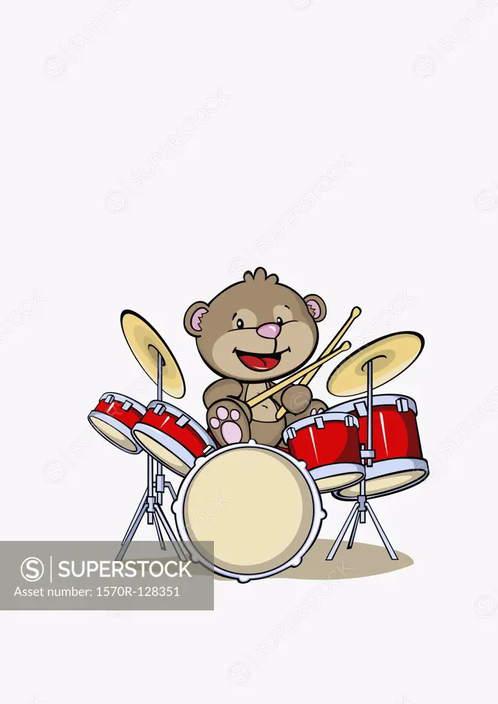 A bear playing a drum kit