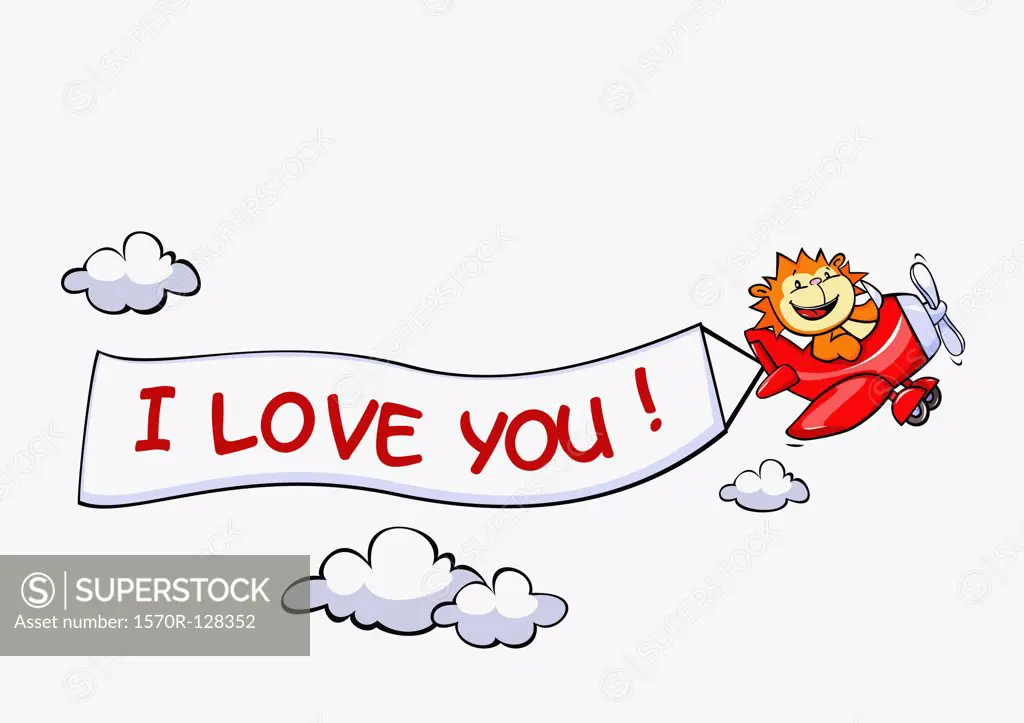 A lion flying an airplane with a banner attached to it that says I LOVE YOU