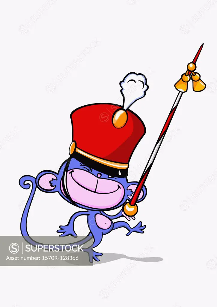 A monkey drum major with a twirling baton