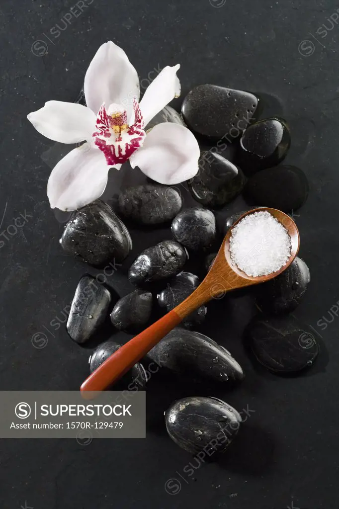 A spoon of mineral salt and an orchid lying on top of Lastone therapy stones
