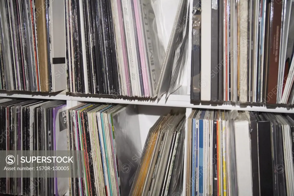 Collection of records on shelves