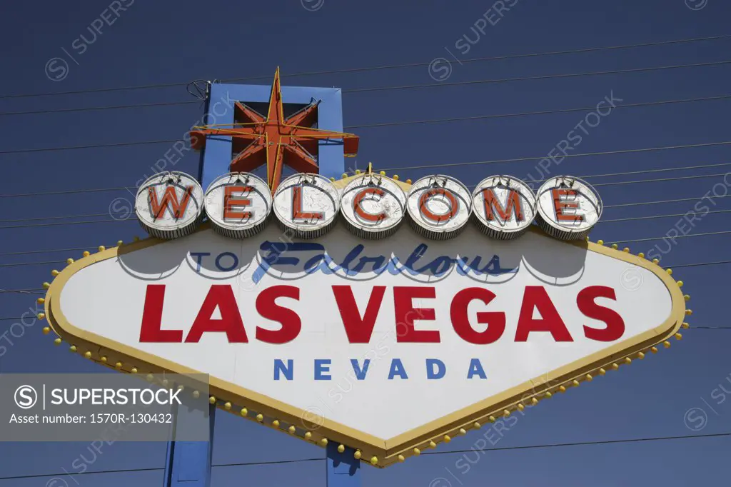 USA, Nevada, Las Vegas road sign against blue sky, low angle view