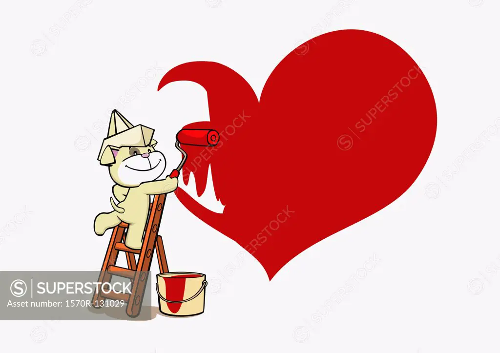 A cartoon dog painting a red heart on a wall