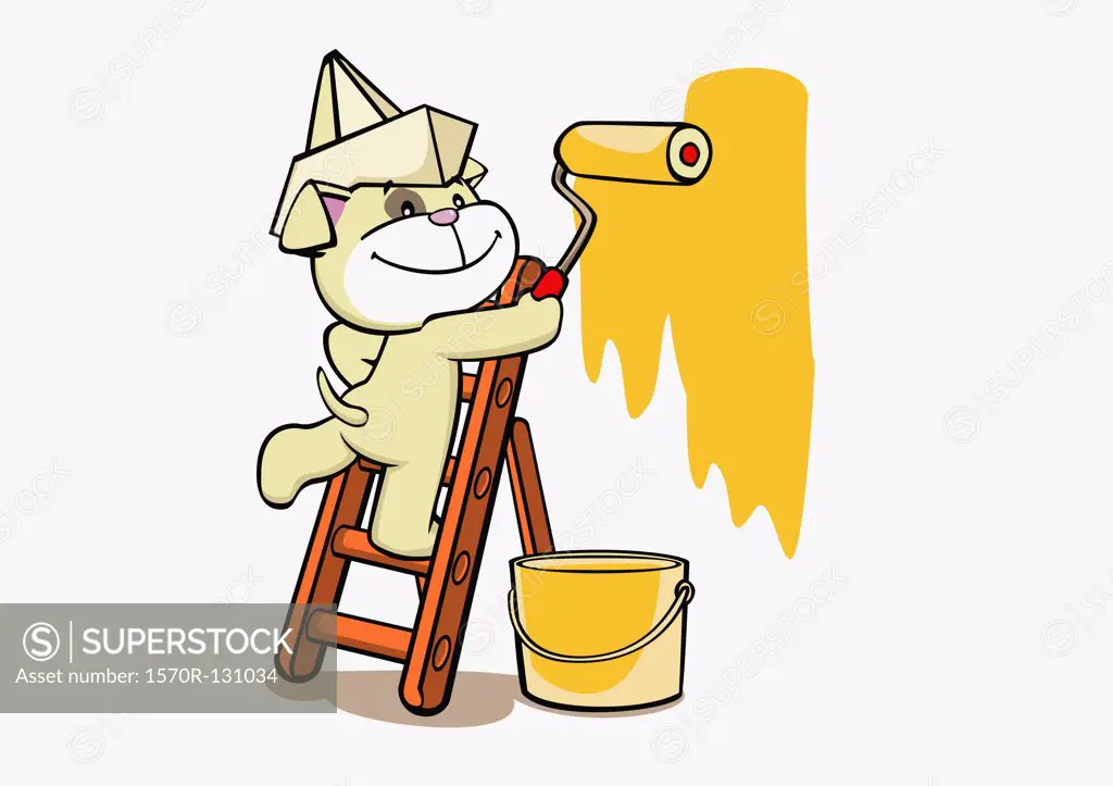 A cartoon dog painting a wall yellow