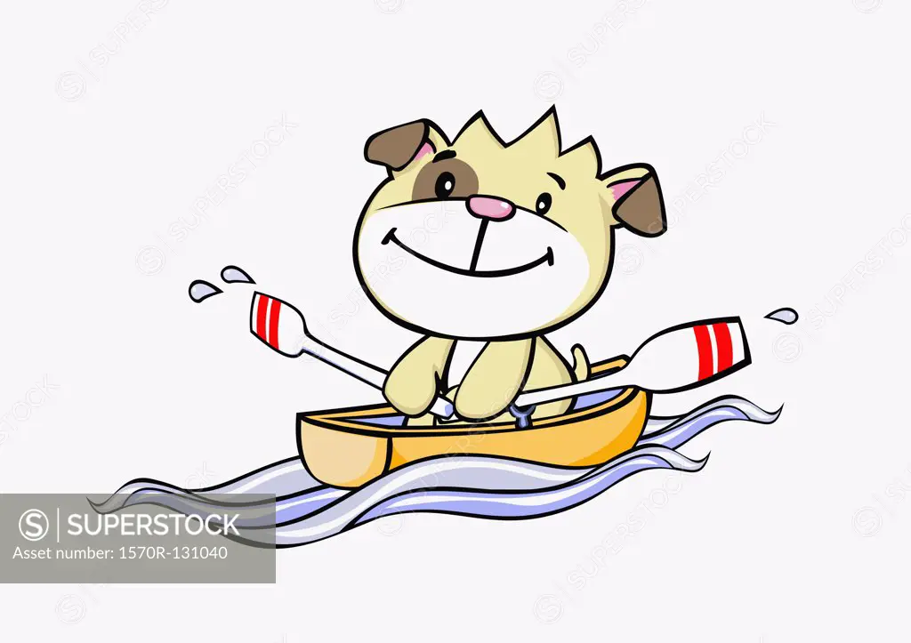 A cartoon dog rowing a boat
