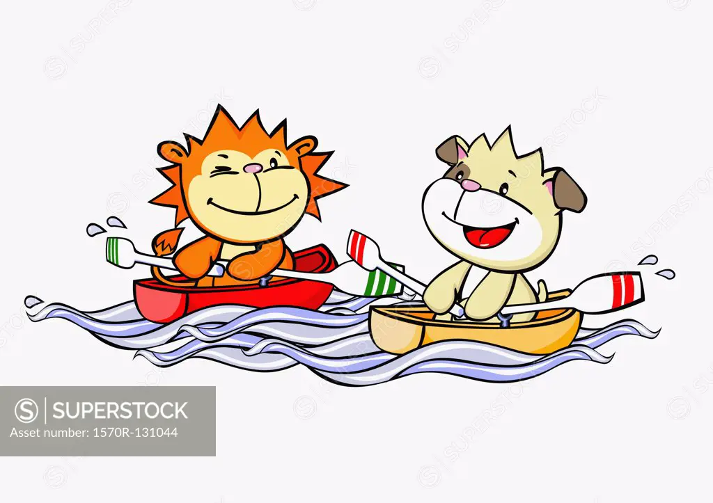 A cartoon lion and dog rowing boats