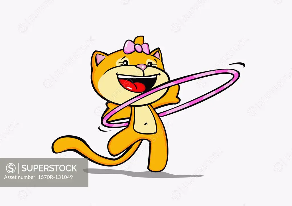 A cartoon cat using a hula hoop