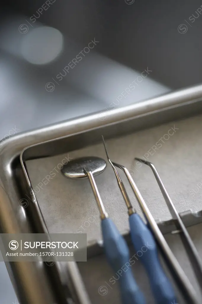 Detail of dental instruments on a tray 