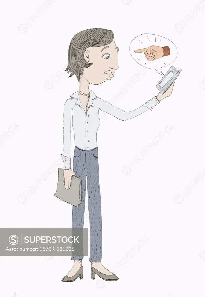A woman holding a mobile phone with a speech bubble