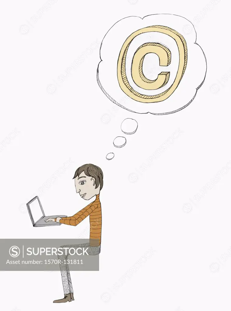 Thought bubble with a copyright symbol above a man working on a laptop