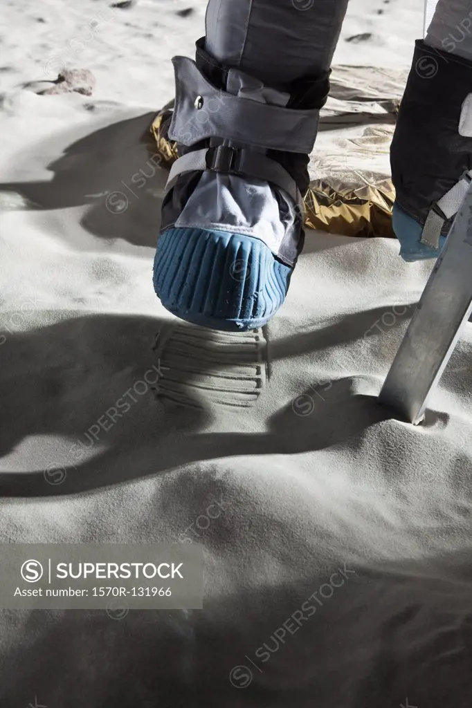 An astronaut climbing the ladder of a lunar lander on the moon