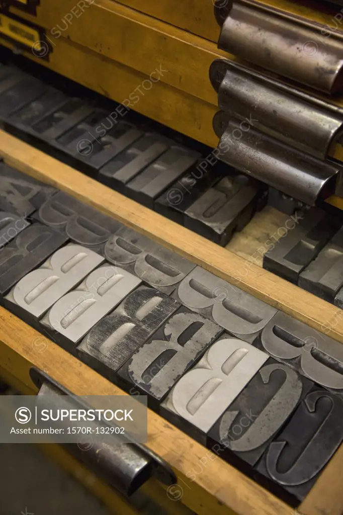 Metal letterpress letters in a drawer