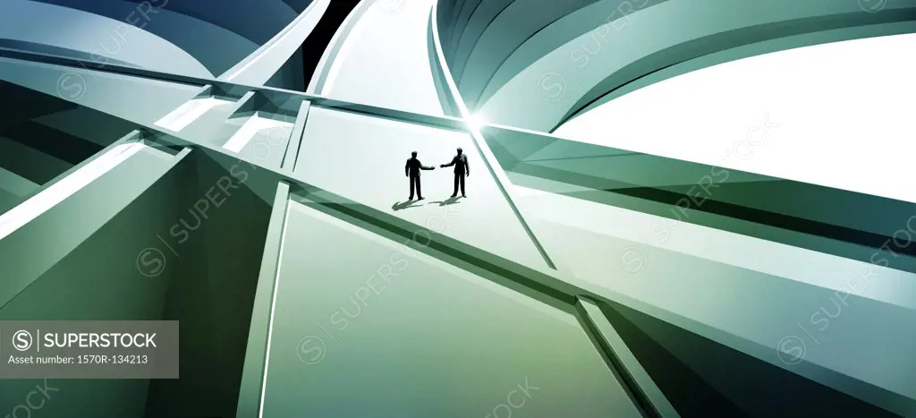 Two men on abstract three-dimensional lines