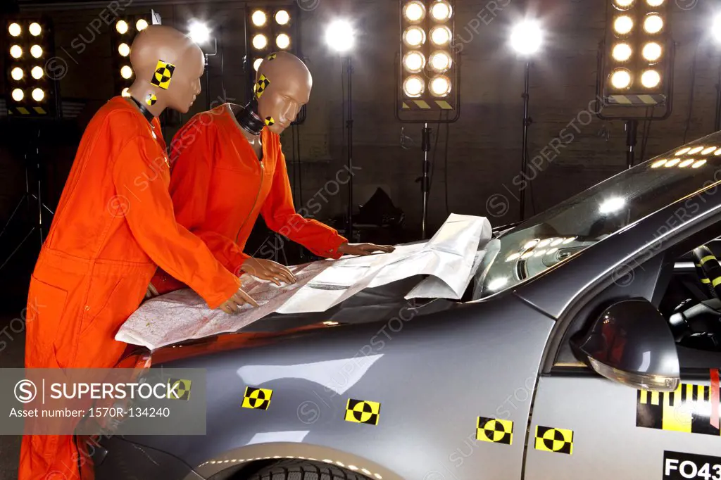 Two crash test dummies looking at a road map