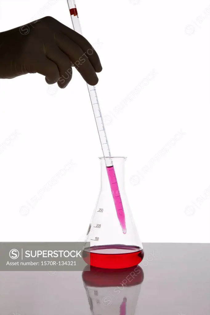 A lab technician using a dropper to put fluid into a beaker, close-up of hand
