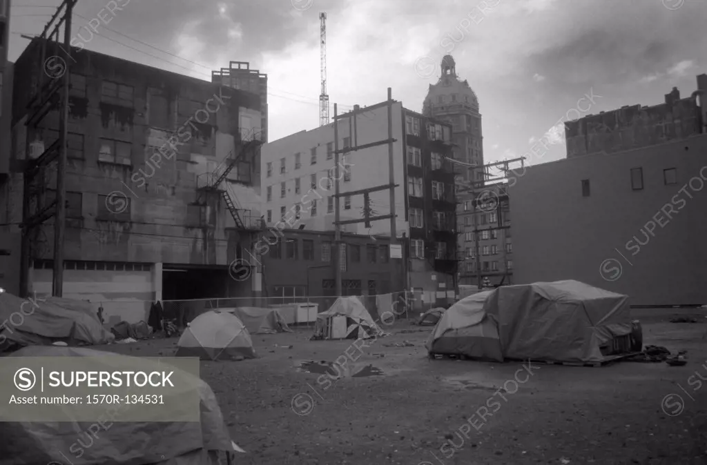A vacant lot where the homeless have set up makeshift houses, Vancouver, BC, Canada