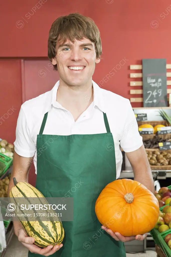 A stocker holding two varieties of winter squash