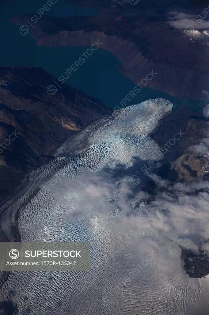Aerial view of lakes, glaciers and mountains, Torres del Paine National Park, Chile