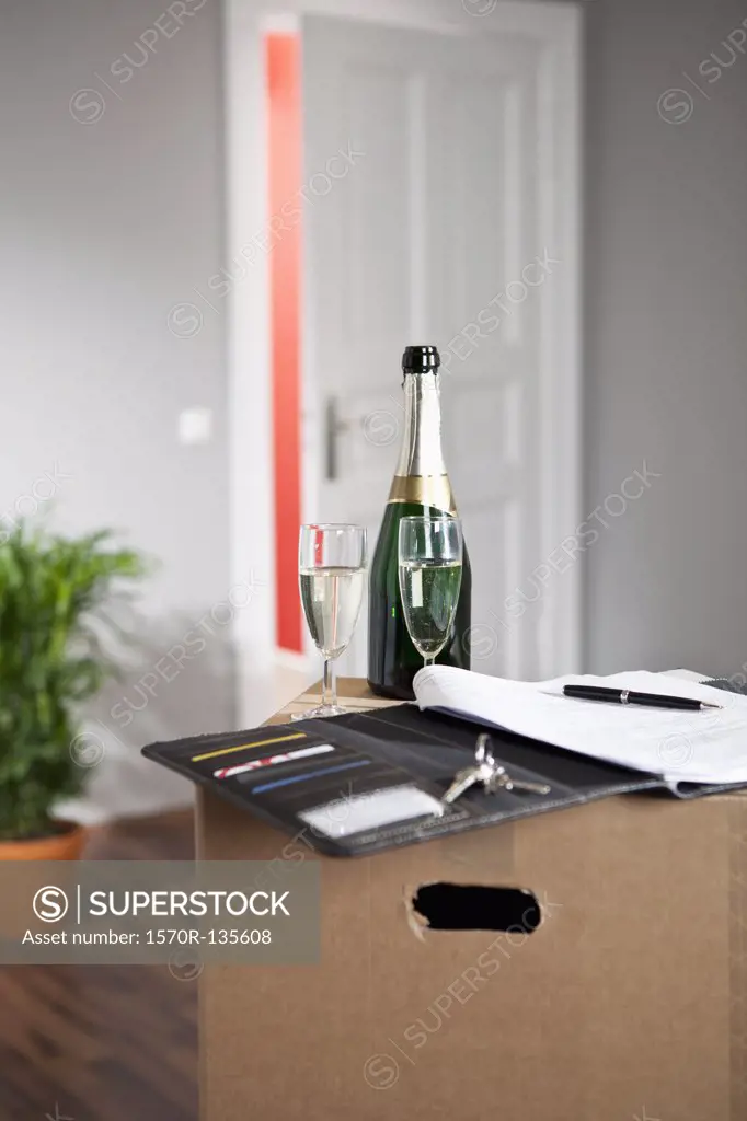 Champagne and a contract in a living room with moving boxes