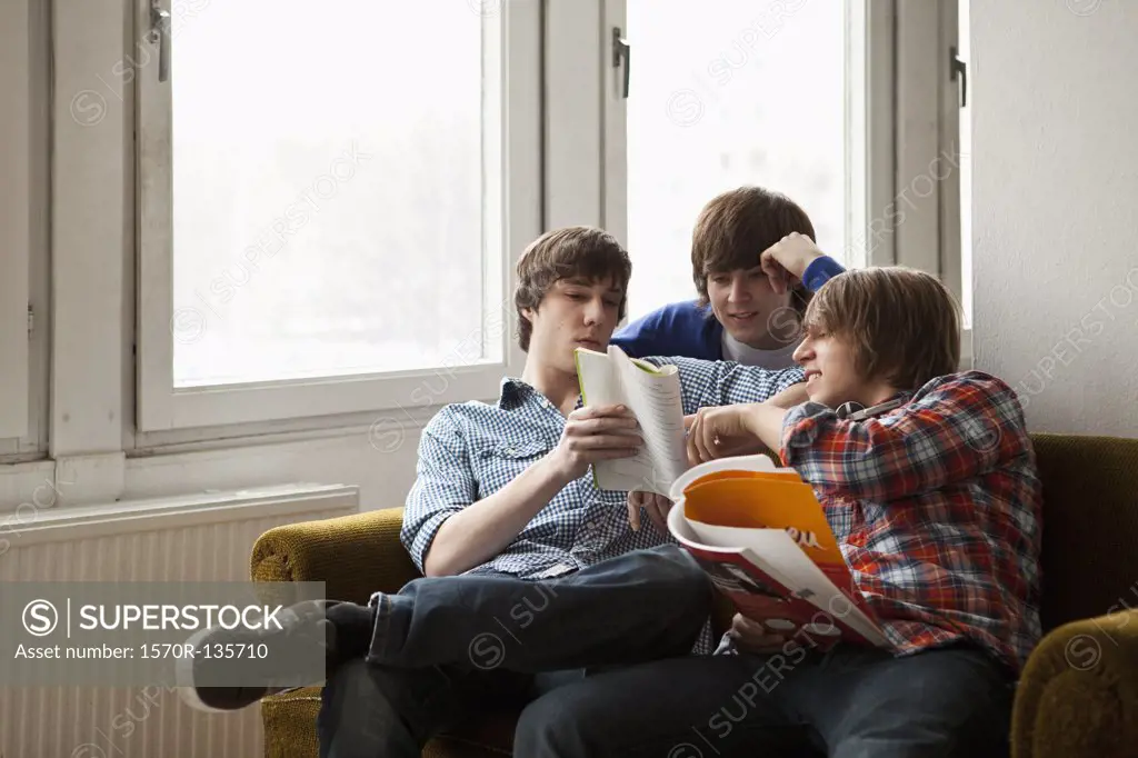 Three friends studying together in a living room