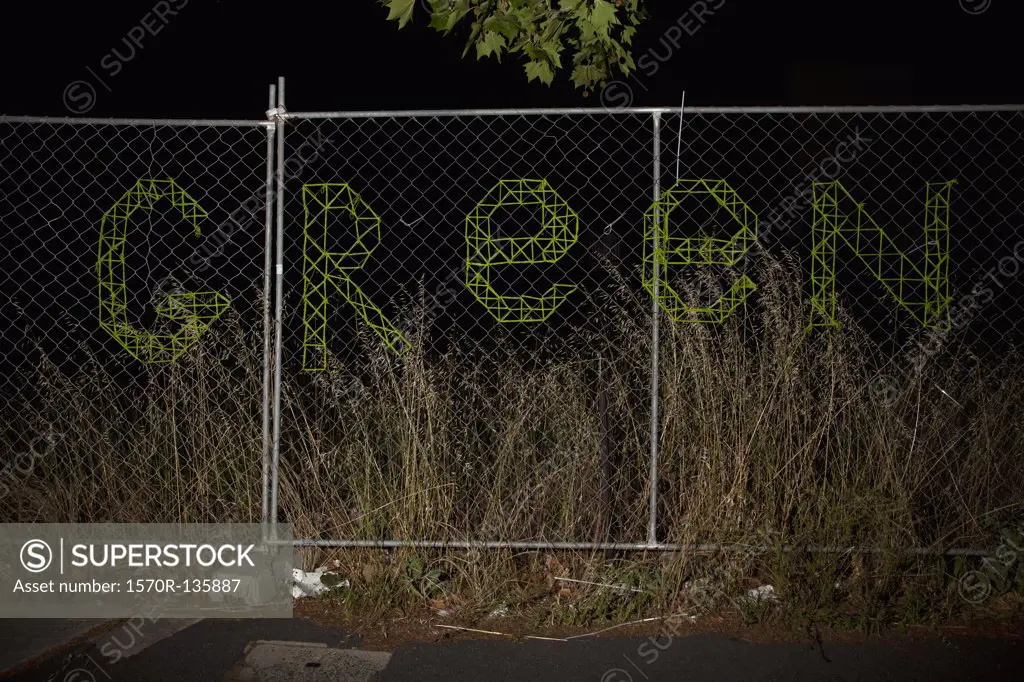 GREEN spelt on a chain link fence