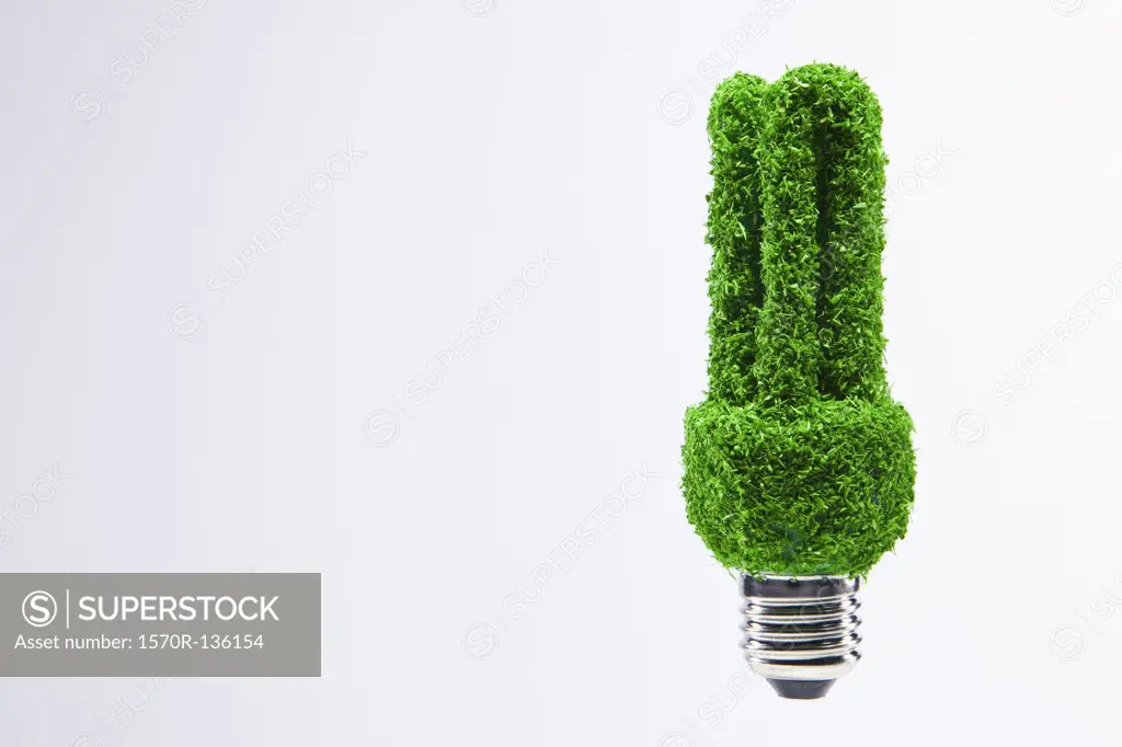 Energy saving light bulb covered in green grass.