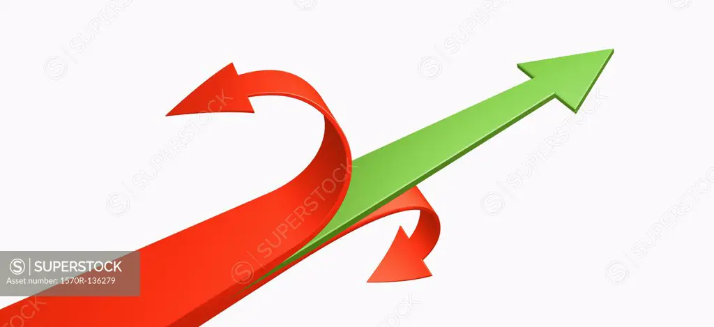 A red arrow peeling away from a green arrow pointing upwards