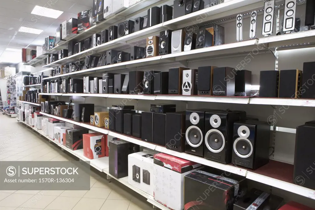 Speakers on display in an electronics store