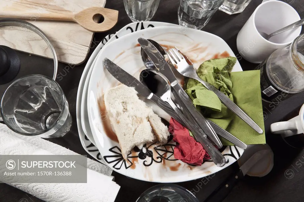A table cluttered with dirty dishes, close-up