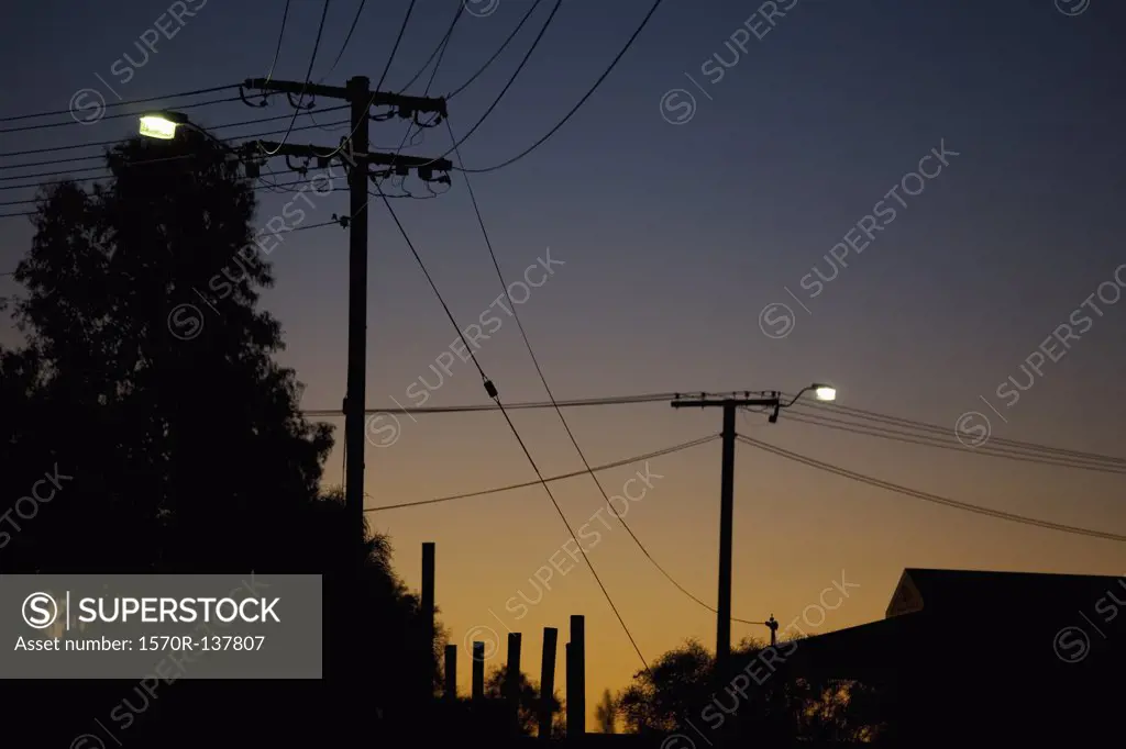 Silhouetted utility poles and roof of a building at dusk