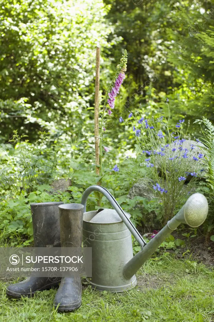 A watering can and a pair of rubber boots, outdoors