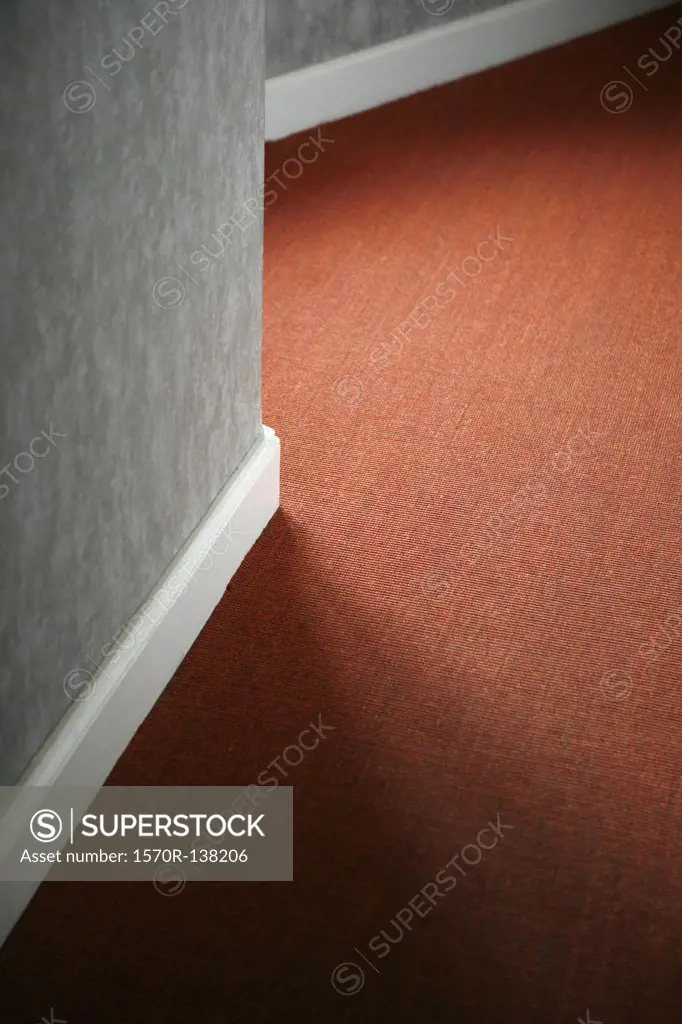 Contrasts of red carpet against white baseboard and gray wall