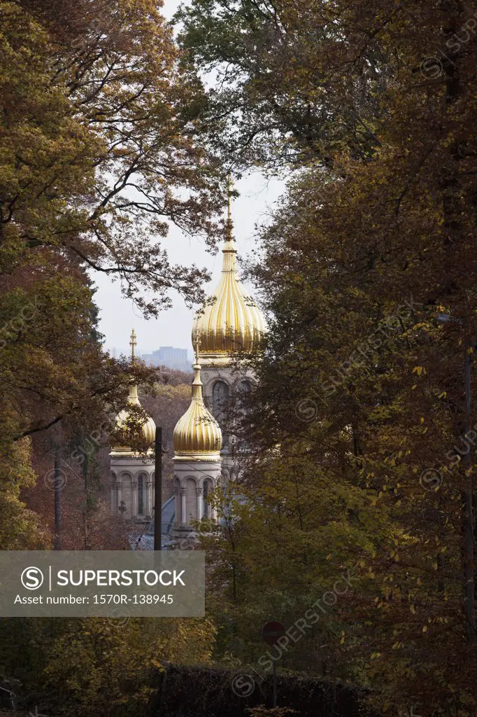 View through trees of the Russian Orthodox Church of Saint Elizabeth, Wiesbaden, Germany
