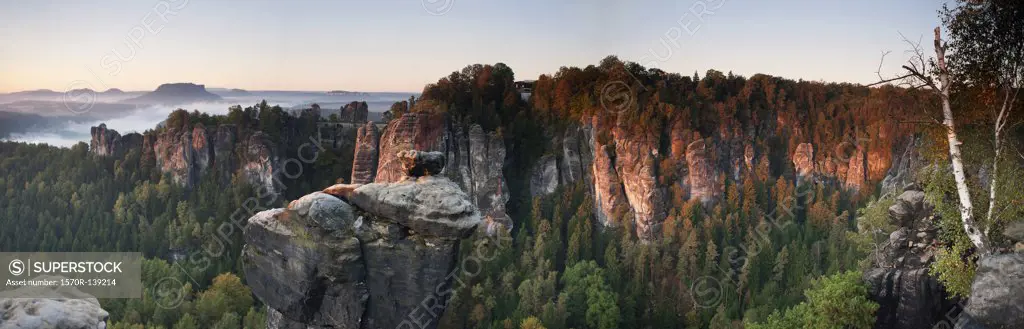 Morning shot of the Bastei, Elbe Sandstone Mountains, Saxon Switzerland, Germany