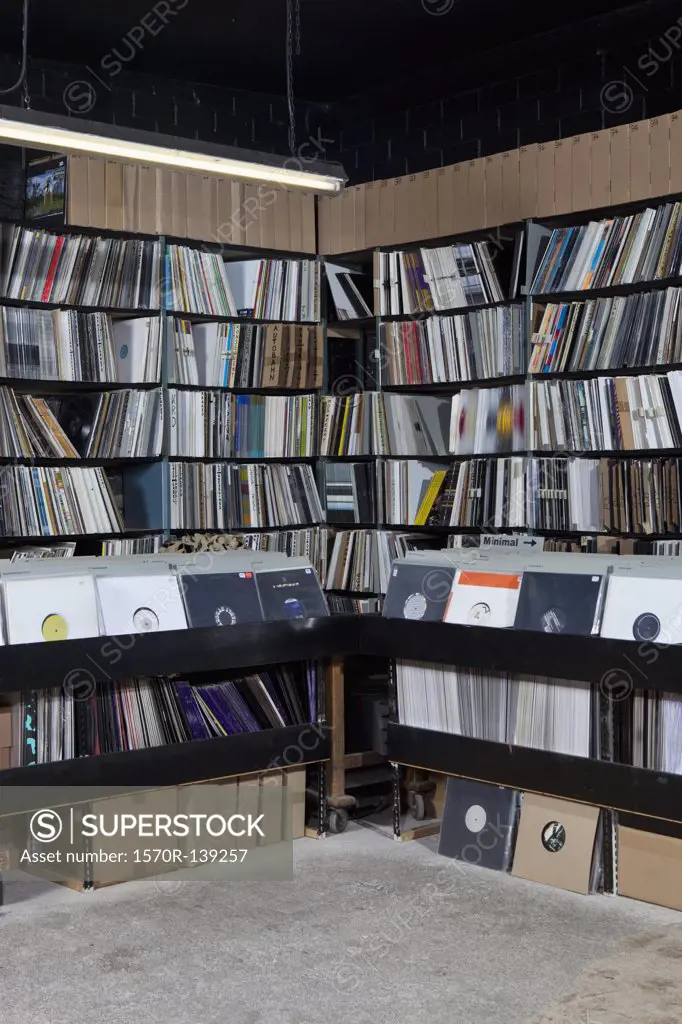 Rows of records on shelves and in bins at a record store