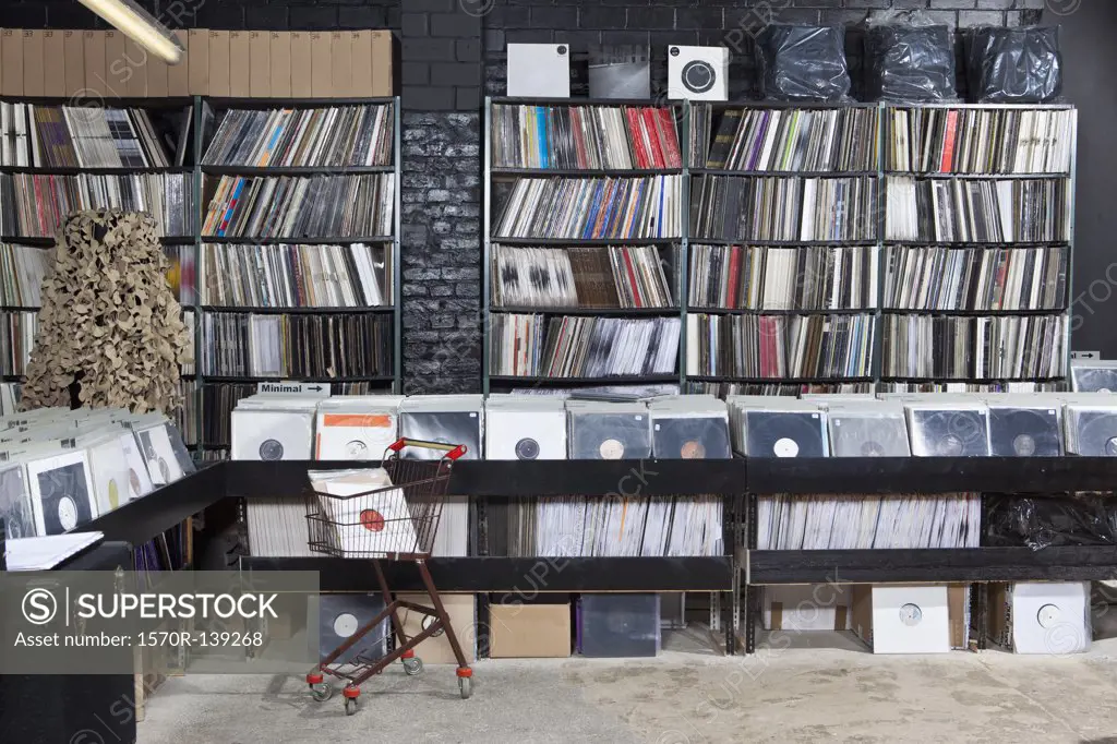 A shopping cart and rows of records on shelves and in bins at a record store