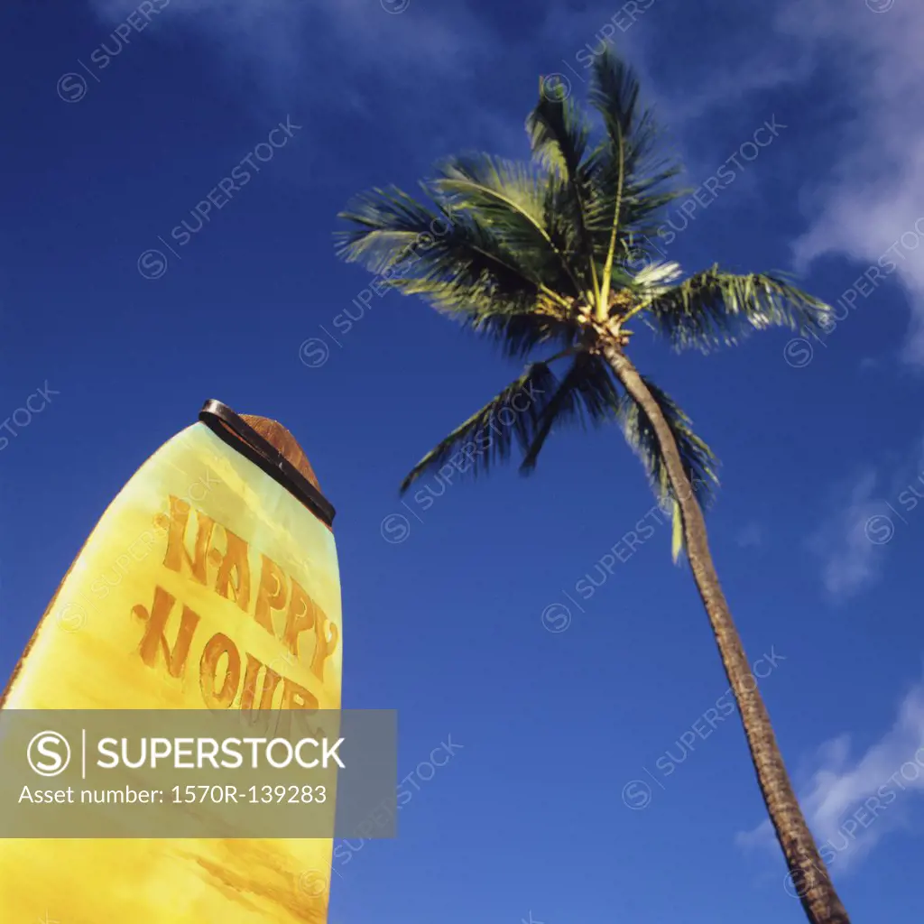 A surfboard with Happy Hour on it and a palm tree