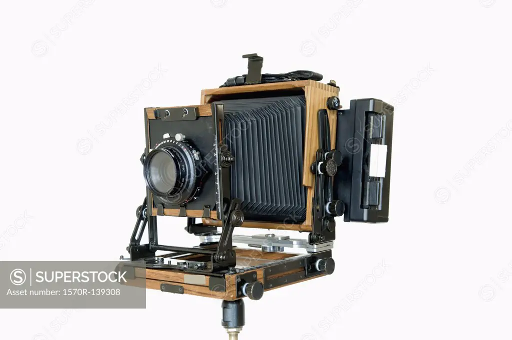 An old-fashioned large format field camera
