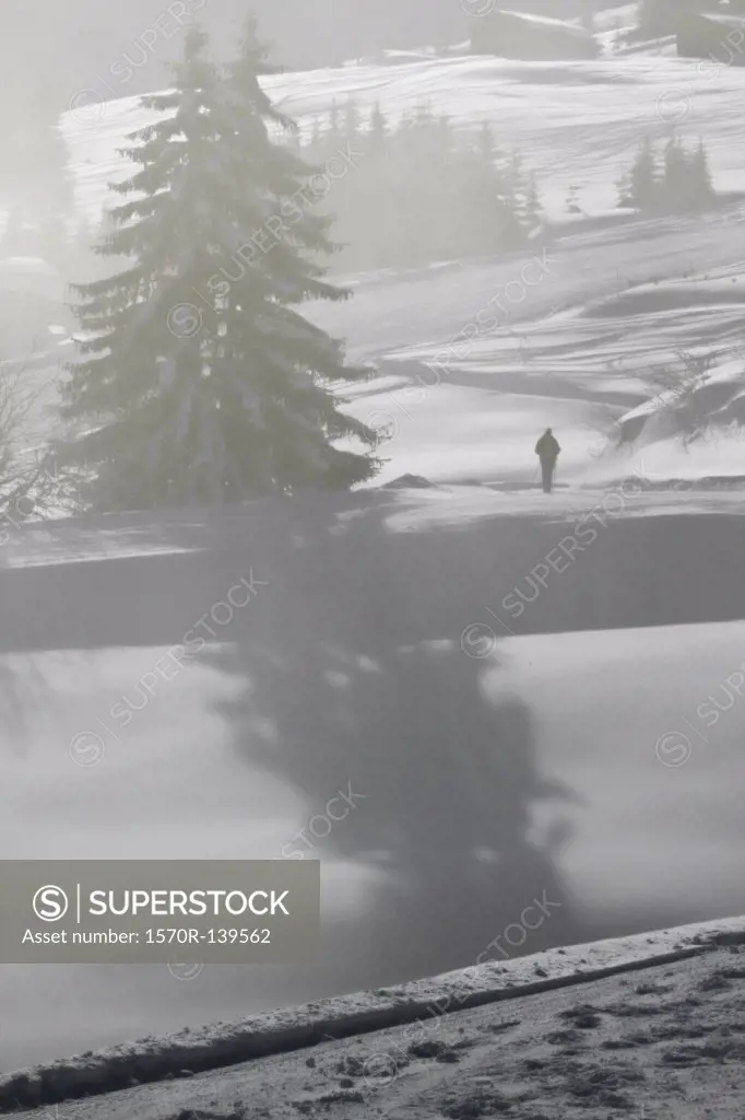 Lone man on snowy landscape