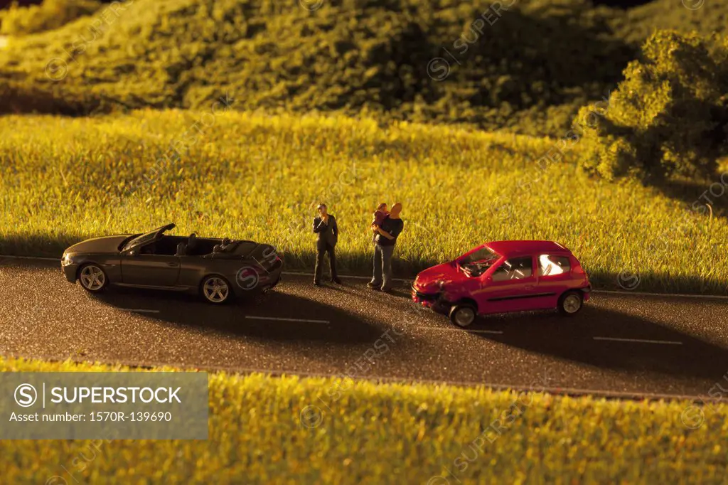 Diorama of a toy car crash